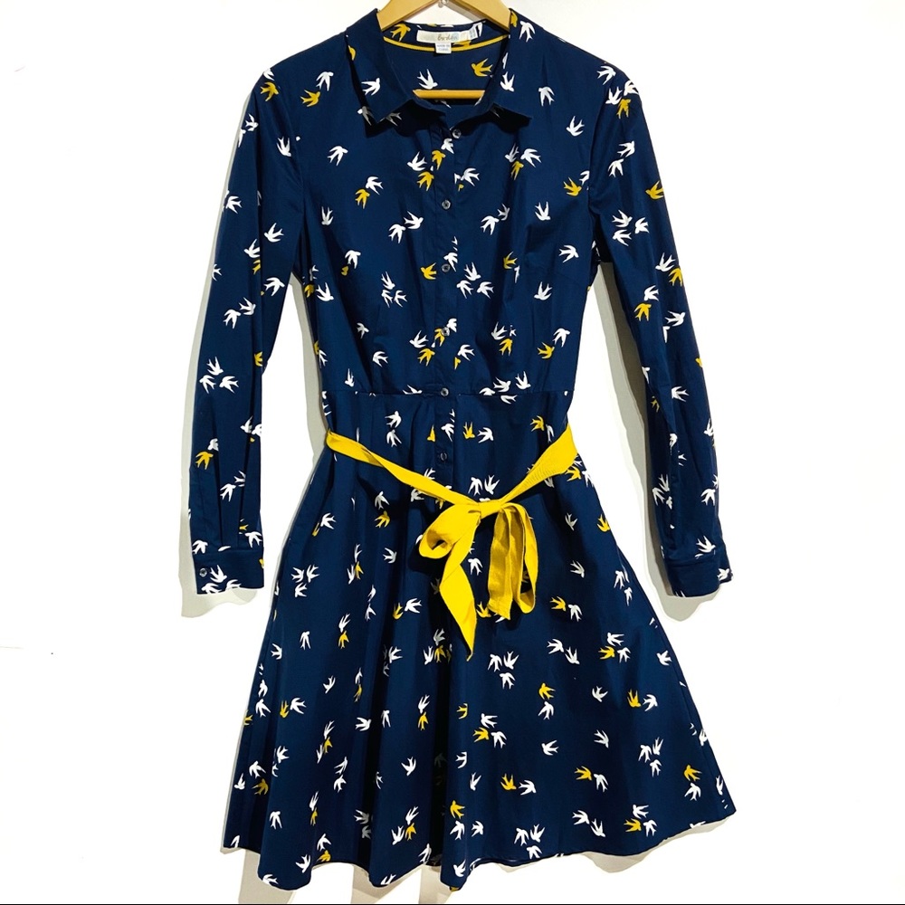 Boden bird dress women size 12 Regular cotton button down pockets blue yellow